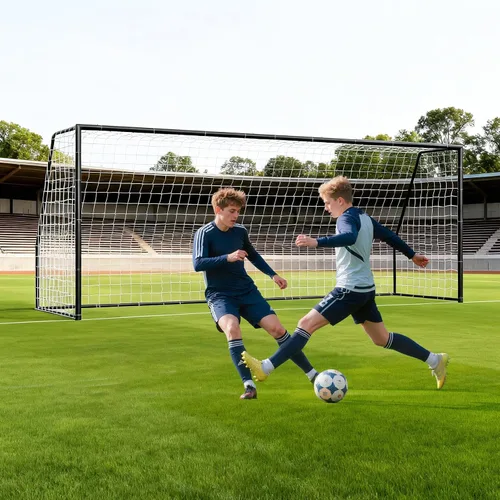 Vista 25 de NAIZEA Porterías de fútbol – 24x8/21x7/18x7/12x6/16x7/10x6/8x6/6x4 pies para patio trasero – Portería de fútbol de metal para jóvenes adultos