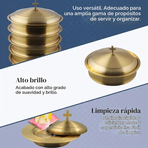 Vista 4 de Communion Ware - Bandeja para servir vino santo con tapa y un plato de pan apilable con tapa, acero inoxidable (latón/dorado)