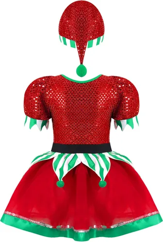 Vista 2 de dPois Disfraz de elfo de Papá Noel para niñas y niñas, vestido de tutú de lentejuelas para baile, traje festivo, fiesta de Navidad