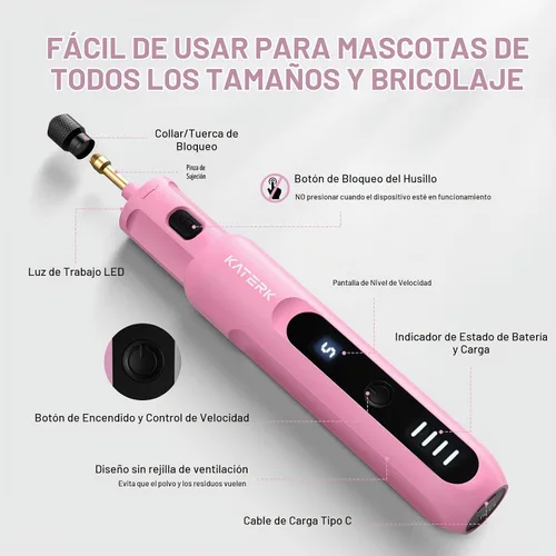 Vista 8 de Katerk Molinillo de uñas para perros para mascotas, 5 velocidades Rosa