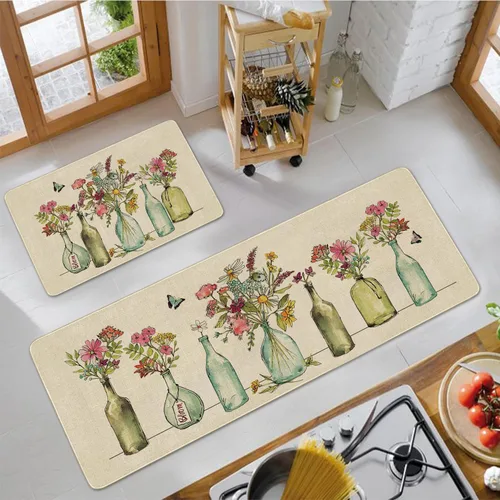 Vista 4 de Juego de 2 tapetes y tapetes de cocina con diseño floral de primavera, diseño floral de acuarela para piso, decoración de fregadero de cocina