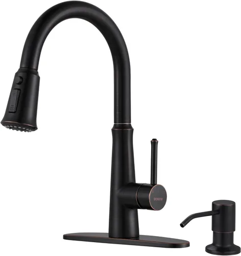 Vista 8 de WOWOW Grifos de cocina negro mate con rociador extraíble, grifo de fregadero de cocina de acero inoxidable para fregaderos de 1 o 3 agujeros, grifo