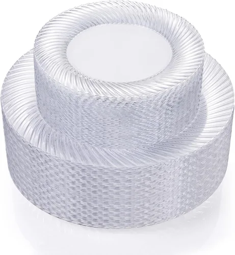 Vista 9 de WELLIFE 100 platos de plástico negro para fiestas, platos desechables negros incluyen 50 platos de postre y 50 platos llanos para bodas, cumpleaños