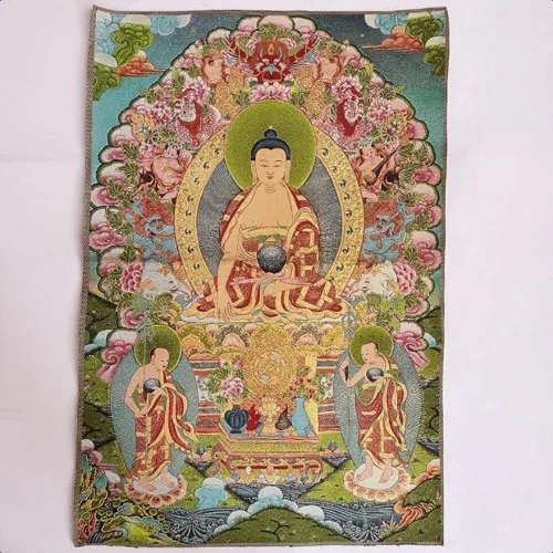 Vista 2 de Bordado de seda tibetano Thangka budismo Sakyamuni Buddha Tangka Yoga Budista Tapiz colgante de pared Arte de pared Decoración del hogar Tapiz