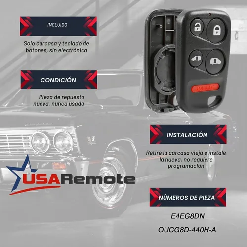 Vista 4 de Carcasa y almohadilla Shell Case & Pad compatible con llavero de auto Keyless Entry Remote para Honda Odyssey 1999 2000 2001 2002 2003 2004