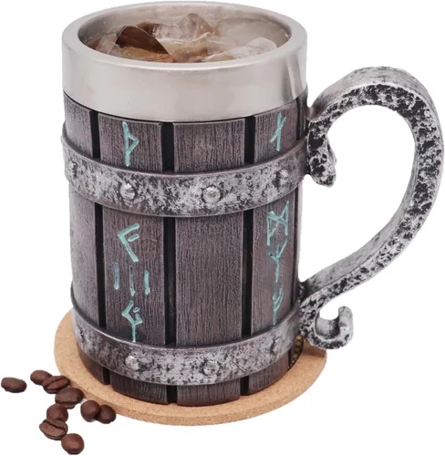 Vista 6 de Jarra de barril de madera Stein Tankard, Taza de acero inoxidable con asa, decoración nórdica vikinga mitológica poética gótica para fiestas