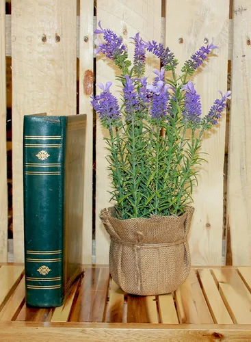 Vista 2 de Worth Imports Lavanda artificial de 16" en un recipiente de saco de arpillera