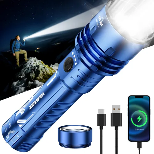 Vista 11 de Linterna de 2000 lúmenes de alta luminosidad con lente de encendido, linterna LED recargable superbrillante con zoom, 5 modos, impermeable, linterna