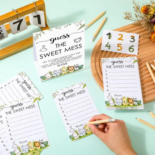 Vista 4 de Juego de 67 piezas de pañales sucios de Guess The Sweet Mess para baby shower, incluye letrero de Adivina el dulce lío, 50 tarjetas pequeñas, 10
