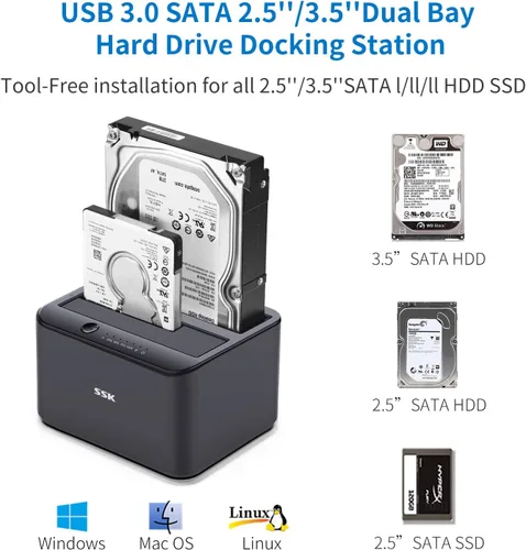 Vista 2 de SSK Estación de acoplamiento de disco duro de aluminio, USB 3.0 a SATA Dual Bay External HDD Dock Caddy Reader para 2.5 y 3.5 pulgadas SATA HDD SSD