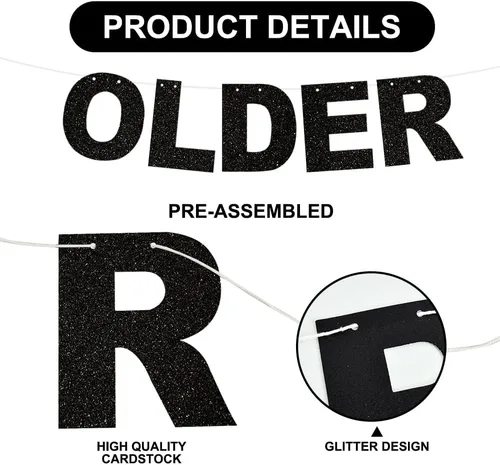 Vista 3 de BEISHIDA Cartel negro con purpurina Older Wiser Hotter – No DIY – Cartel de cumpleaños pre-encordado para mujeres 40, 50, 60, 70, 80, divertido