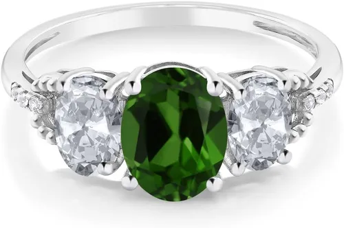Vista 16 de Anillo de compromiso ovalado de oro blanco de 10 quilates con piedra natal y topacio blanco de 3 piedras con detalles de diamante Centro de 0.315