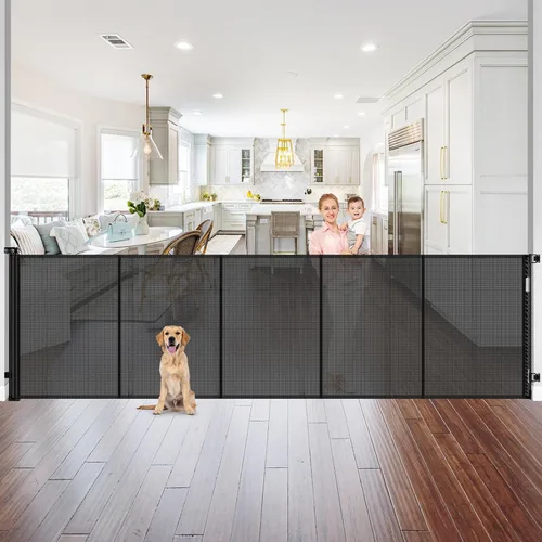 Vista 23 de Puerta Reforzada para Mascotas Extra Alta de 42" y Puerta Retráctil para Bebés de 55" de Ancho con Varillas de Soporte - Puerta Retráctil para Negro