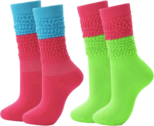 Vista 8 de Calcetines holgados de neón para mujer de los años 80 y 90, calcetines altos hasta la rodilla, suaves y extra largos, calentadores de piernas
