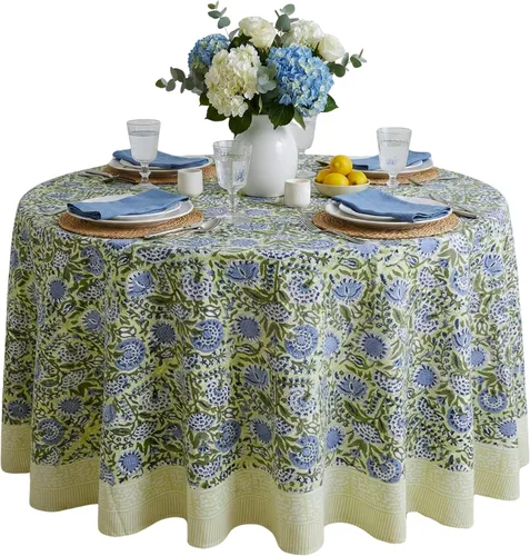 Vista 48 de ATOSII Amalfi - Mantel redondo de verano 100% algodón, estampado en bloques, para comedor, bodas, exteriores, fiestas, I Grand Millenial Farmhouse
