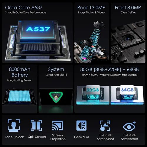 Vista 2 de Tablet 2026 de 10 pulgadas Android 15 con teclado de 30 GB de RAM + 64 GB de ROM (expansión de 1 TB) Pantalla IPS procesador octa-core 8000 mAh WiFi