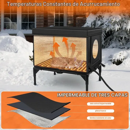 Vista 2 de Casa de gatos al aire libre climatizada resistente a la intemperie con almohadilla térmica, casa climatizada para gatos al aire libre, casas