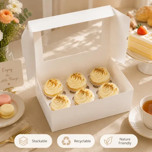 Vista 3 de Pralb Paquete de 20 cajas blancas para cupcakes con insertos, 6 soportes, cajas blancas estándar de panadería con ventana de PVC, recipientes