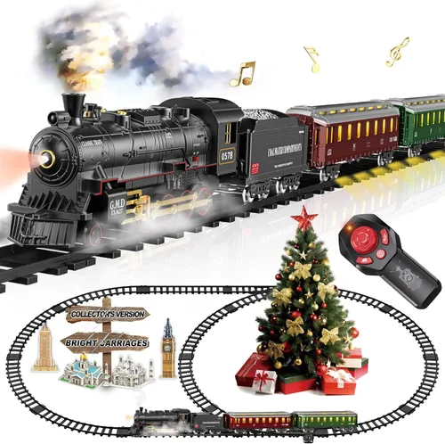 Vista 10 de Juego de tren eléctrico con control remoto de Navidad, locomotora de vapor, vagón de carga y pistas, juguetes de tren recargables para niños con 3