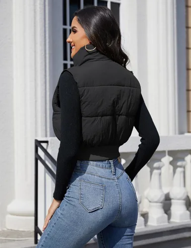 Vista 5 de Dqbeng Chaleco acolchado de moda para mujer, con cremallera completa, sin mangas, con relleno