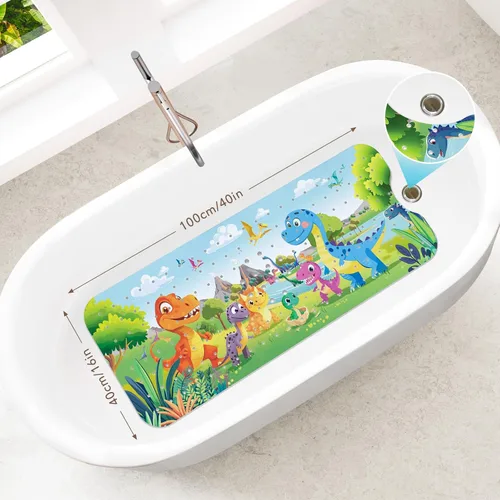Vista 2 de SHUCHING Tapete de baño de dinosaurio para bebé antideslizante de 40 x 16 pulgadas, tapete de baño antideslizante para niños y bebés, tapete