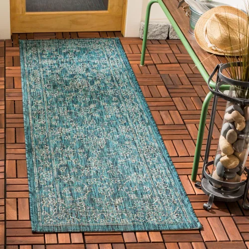 Vista 99 de SAFAVIEH Alfombra lavable al aire libre, colección Courtyard - 2'3" x 5', azul aguamarina y gris, no desprende pelusa y fácil limpieza, ideal