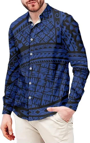 Vista 16 de Camisas polinesias para hombre con patrones de hojas tropicales polinesias, camisa hawaiana de manga larga para hombre, ropa de vacaciones de otoño