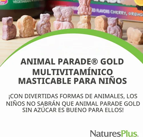 Vista 3 de NaturesPlus Animal Parade Gold Multivitamínico Masticables para niños, sabor a cereza, 60 tabletas masticables en forma de animal, con vitamina D3