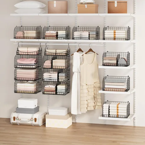 Vista 2 de SWTYMIKI Organizador de armario colgante – 4 estantes apilables de metal con divisores y ganchos en S, estantes plegables para ropa, pantalones