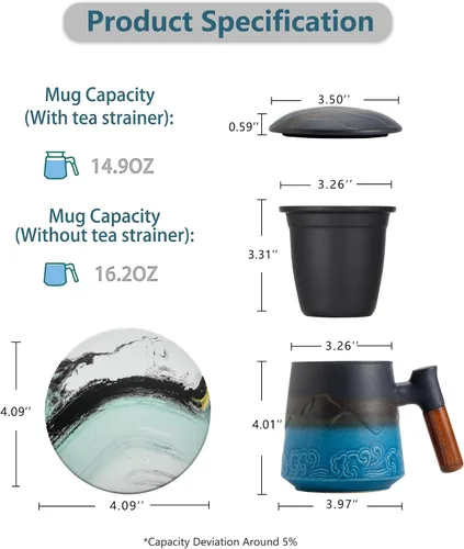 Vista 2 de ZENS Taza de té con infusor y tapa para colador de té de hojas sueltas, taza de té de cerámica de 15.2 oz con coladores de té finos y posavasos