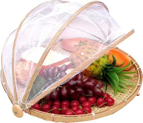 Vista 7 de Cesta de tienda de campaña de 12 pulgadas cubierta redonda de bambú para almacenamiento de alimentos, cesta de picnic a prueba de polvo, recogedor