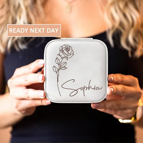 Vista 4 de DayOfShe Joyero de viaje personalizado con nombre y flor de nacimiento, regalos personalizados de dama de honor para mujeres, estuche de joyería