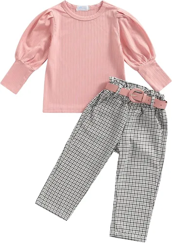 Vista 40 de GOOCHEER Conjunto de ropa de manga larga para niña pequeña, camisa y pantalones para niña, conjunto de ropa de primavera, otoño e invierno