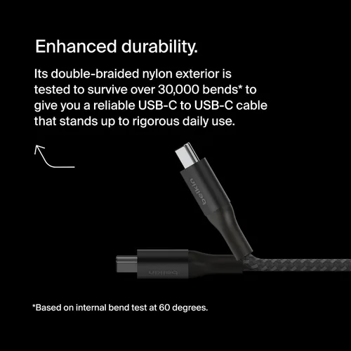 Vista 2 de Belkin BoostCharge - Cable USB C a USB C, cable de alimentación de carga rápida con cable de nailon trenzado, cabezal de aluminio anodizado, entrega