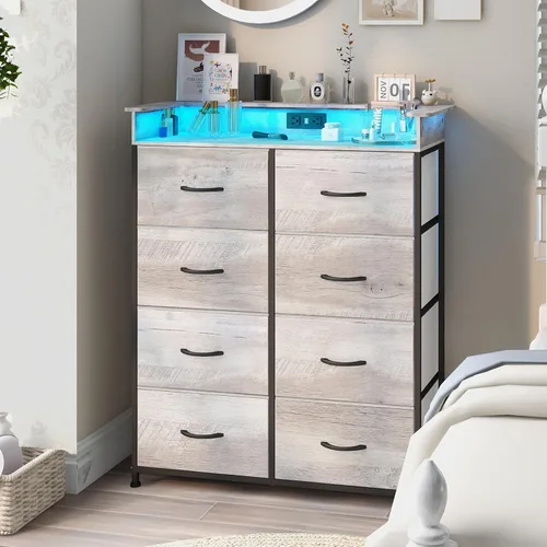 Vista 9 de Cómoda de tela para dormitorio con luz LED y estación de carga, cómoda alta con 8 cajones, cómoda negra y cómoda para armario, sala de estar
