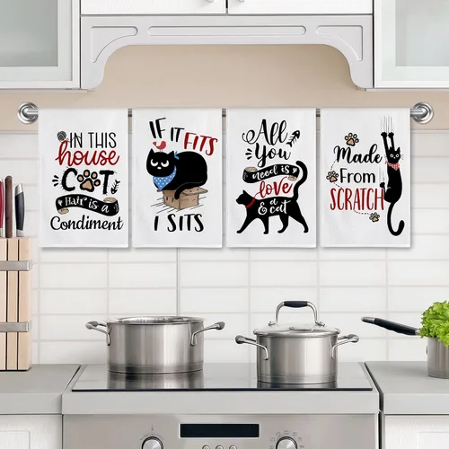 Vista 2 de Bonsai Tree Juego de 4 toallas de cocina para gatos, regalos para amantes de los gatos para mamá y mujer, lindos y divertidos paños de cocina