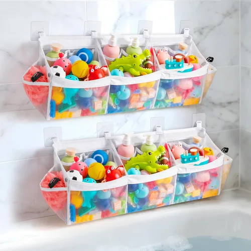 Vista 13 de Extra Large Bath Toy Organizer with 3 Compartments and Multiple Pockets, Quick-Dry Mesh Bathtub Storage for Kids' Toys (Blue)