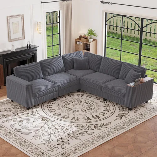 Vista 30 de Sofá seccional modular de 97 pulgadas con 5 asientos, sofá cómodo convertible en forma de L con almacenamiento en reposabrazos y dos almohadas