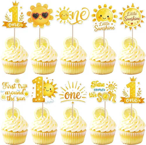 Vista 13 de 36 piezas de decoración para cupcakes de sol de doble cara con diseño de flores y sonrisas, decoración de cupcakes SunShine para temática de sol