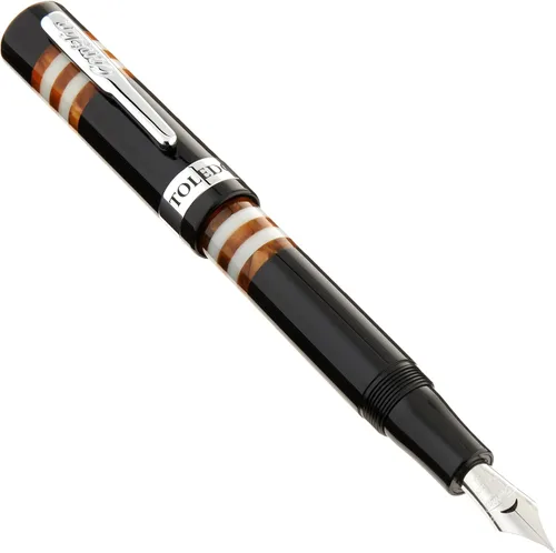 Vista 11 de Conklin Toledo - Pluma estilográfica en negro con segmentos de anillo azul y blanco, punta media, pluma estilográfica de lujo con detalles cromados
