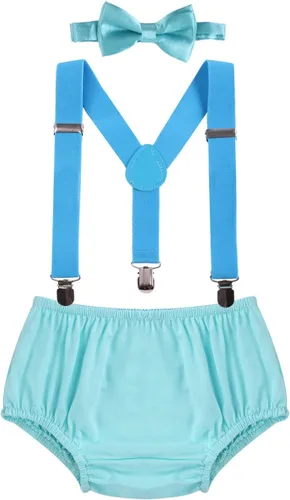 Vista 25 de Conjunto de ropa para festejar el primer cumpleaños de bebés, calzón pañalero con tirantes y corbata de moño. Beige & Blue