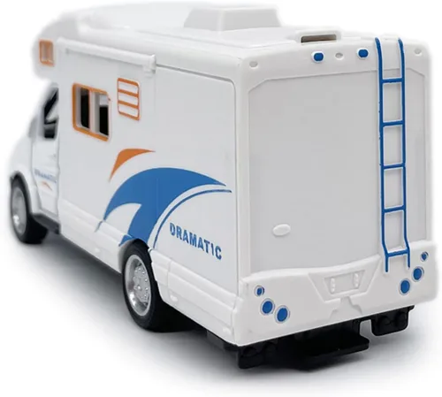 Vista 6 de Mini juguete de autocaravana camper RV para niños, modelo de aleación con tracción hacia atrás, vehículo recreativo con aventura, con muebles, techo