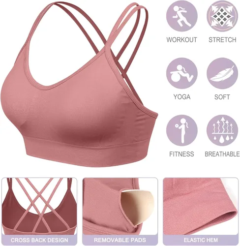 Vista 5 de VEQKING Brasier deportivo con espalda cruzada para mujer, con relleno y tirantes de soporte medio, brasier de yoga para entrenamiento, fitness