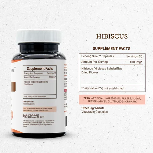 Vista 3 de Secrets of the Tribe Hibiscus 60 Cápsulas, 1000 mg, Hibiscus Sabdariffa Flor Seca (60 Cápsulas)