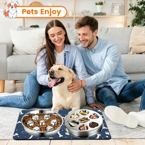 Vista 2 de Paquete de 2 cuencos de acero inoxidable para perros de alimentación lenta, cuencos de metal antideslizantes para mascotas para comedores rápidos
