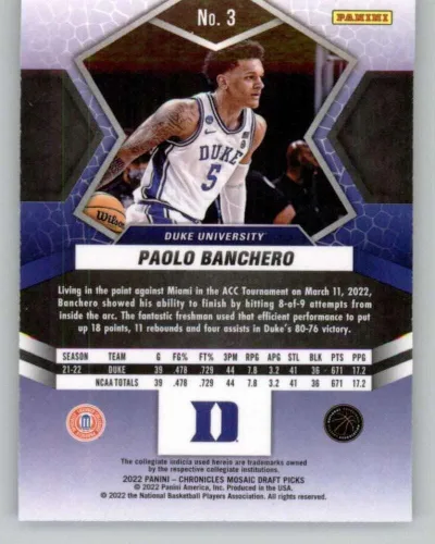 Vista 2 de 2022-23 Panini Chronicles Draft Picks Mosaic #3 Paolo Banchero Duke Blue Devils RC Rookie Basketball Trading Card