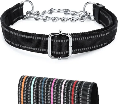 Vista 13 de Collar Martingala para perros con cadena de acero inoxidable (S, negro) Ajustable, a prueba de escapes, costuras reflectantes para paseos