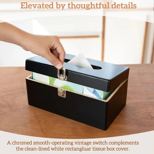 Vista 6 de Funda rectangular negra para caja de pañuelos con interruptor de metal, soporte rectangular para caja de pañuelos con tapa, accesorios de baño