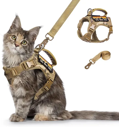 Vista 10 de Arnés táctico para gato y correa para caminar a prueba de esacpe, chaleco grande de malla suave ajustable para gatos con mango de goma fácil