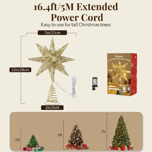 Vista 7 de Lewondr Decoración para árbol de Navidad, enchufe 3D Starburst iluminado A-champán Oro
